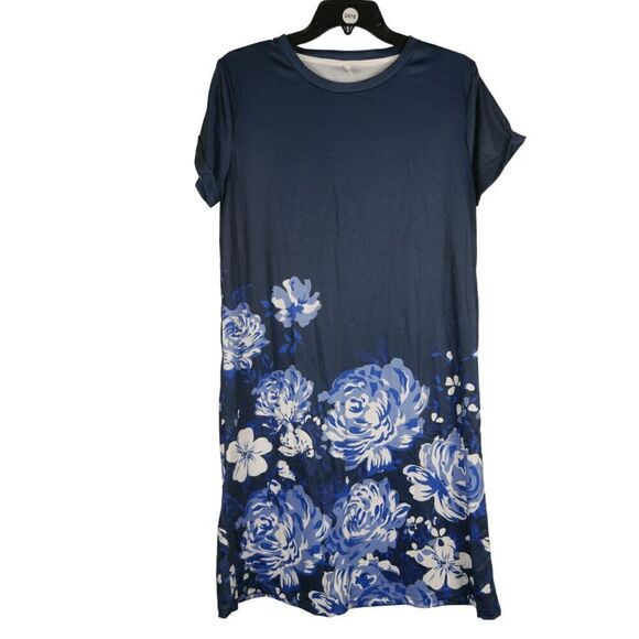 Pixie Lady Women's Blue Floral Short Sleeve T-Shirt Dress M - Picture 1 of 8